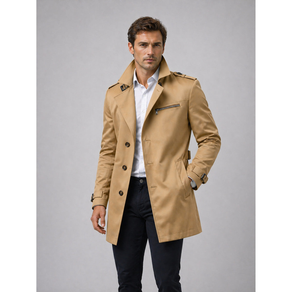 Trench Coat Men Mid-Length With Epaulets - Image 6