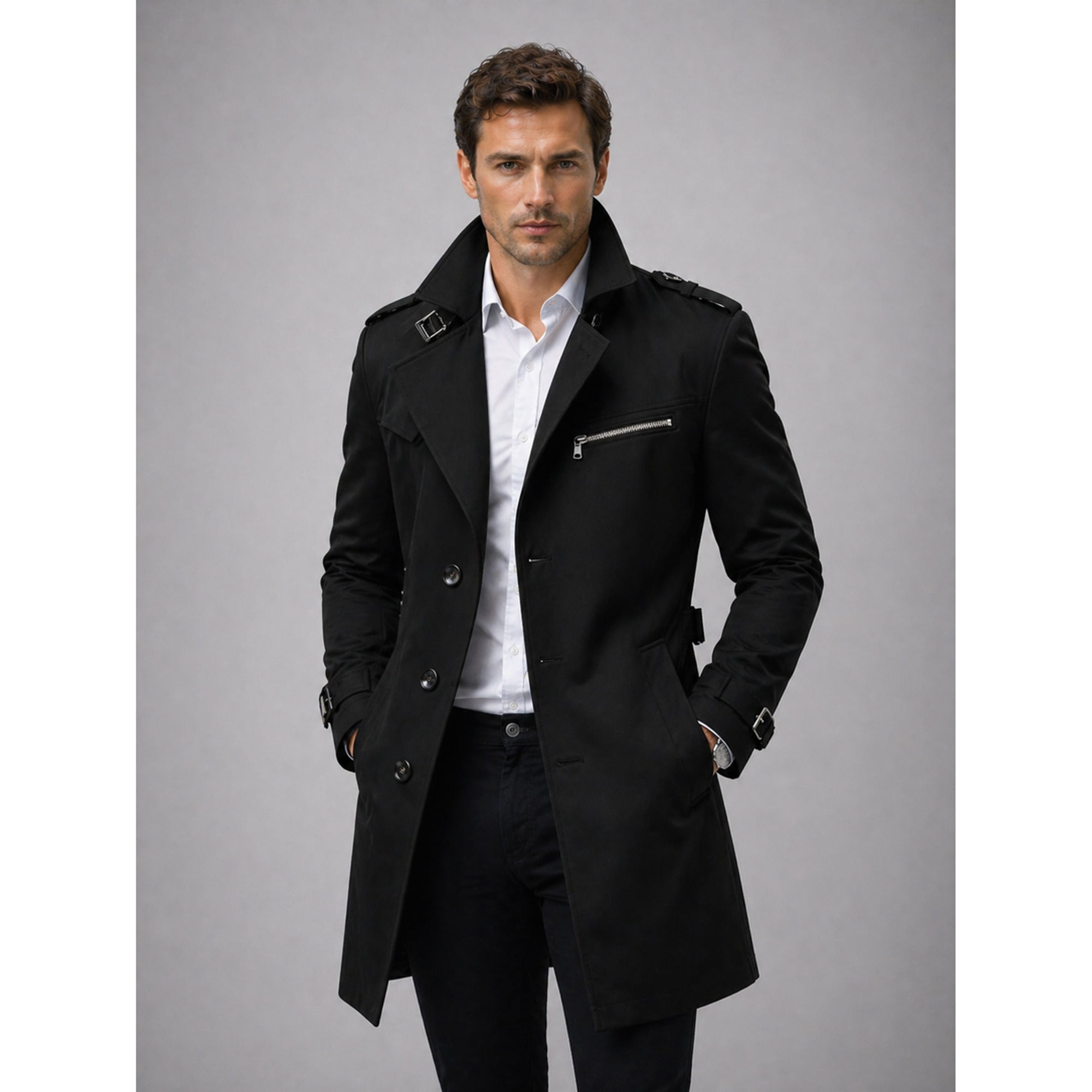 Trench Coat Men Mid-Length With Epaulets - Image 8