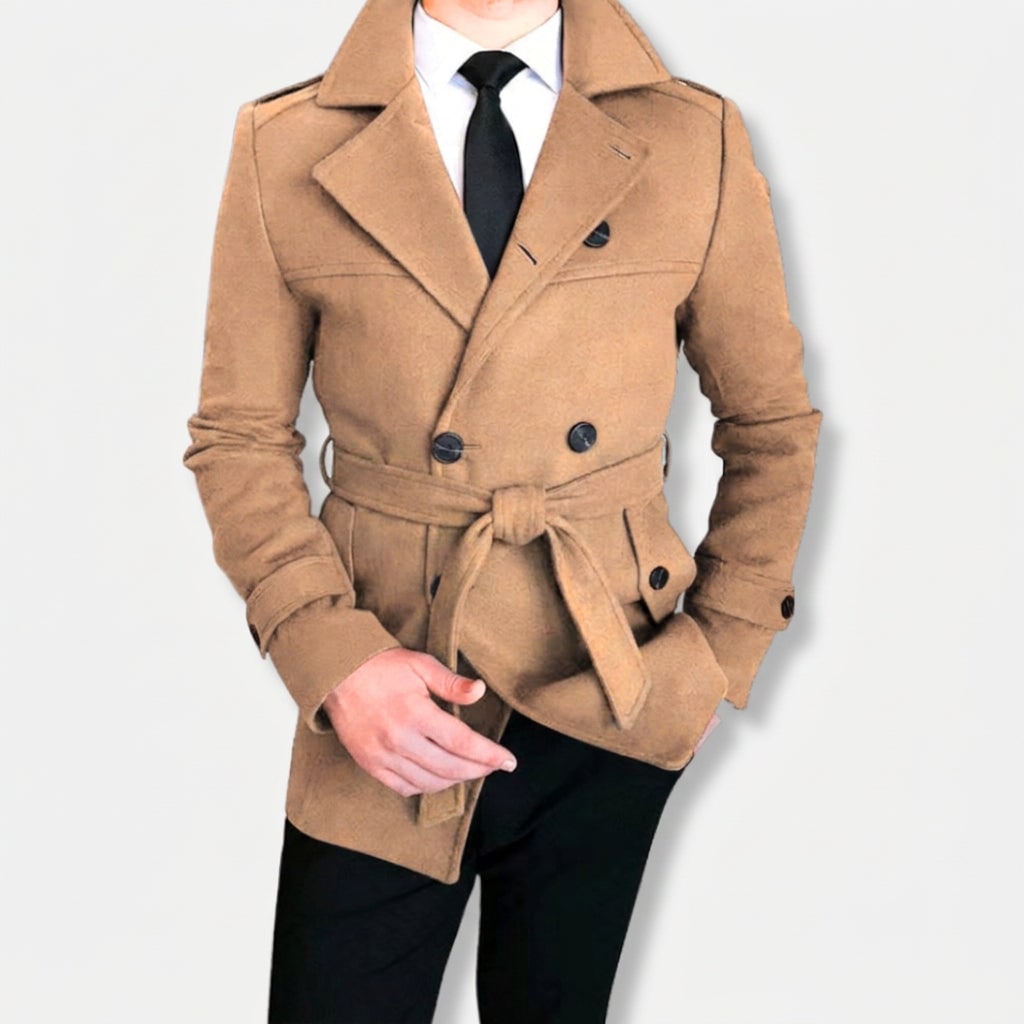 Trench Coat Men Short Belted With Lapels - Image 2