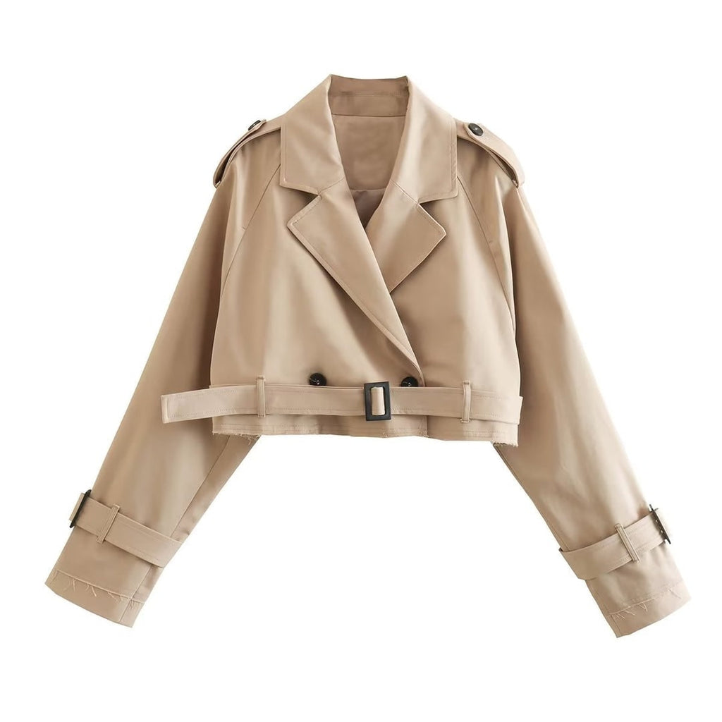 Trench Coat Short Belted Jacket Beige - Image 2