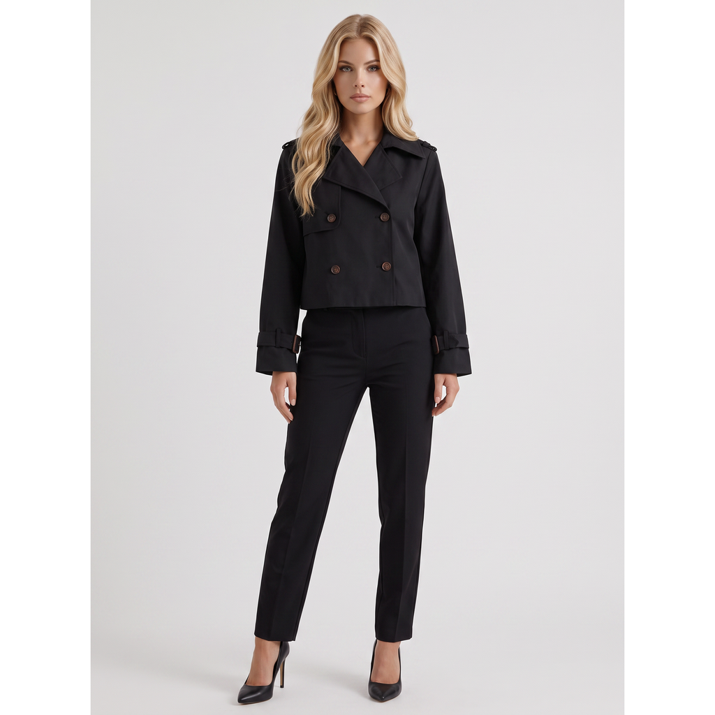 Trench Coat Short Cropped Double-Breasted Jacket Black - Image 1