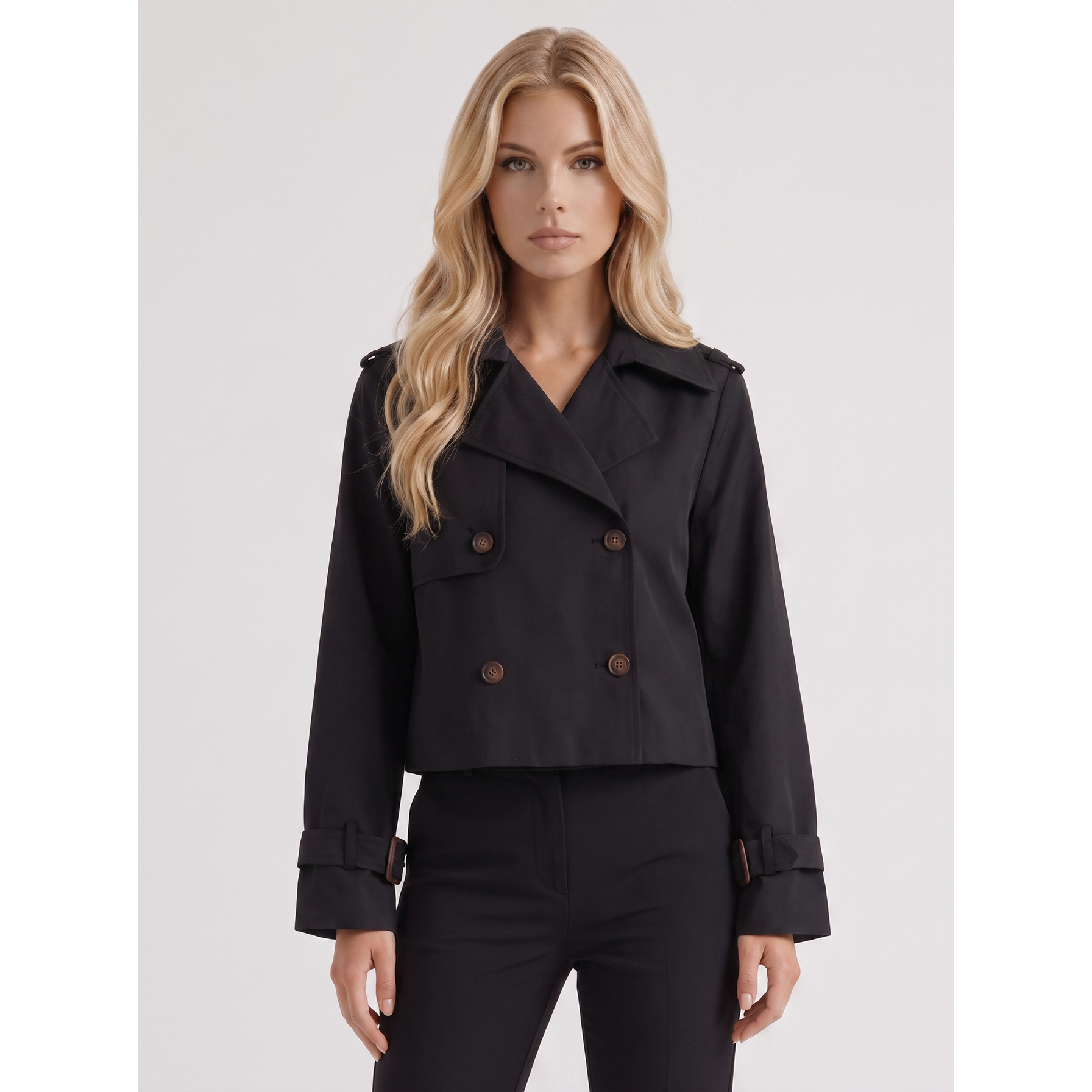Trench Coat Short Cropped Double-Breasted Jacket Black - Image 2