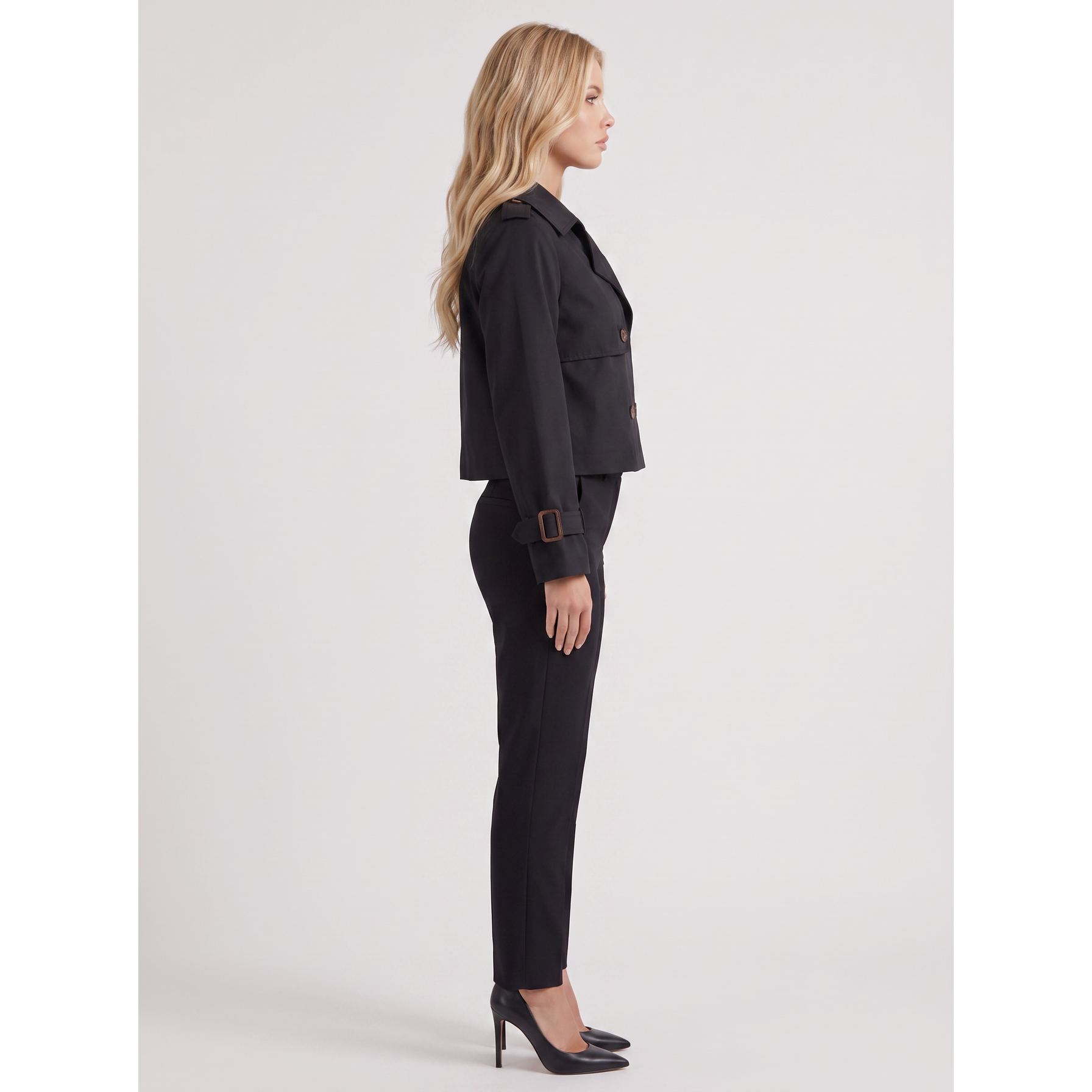 Trench Coat Short Cropped Double-Breasted Jacket Black - Image 4