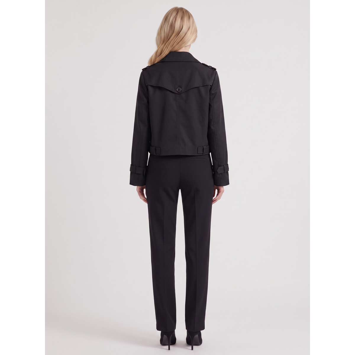 Trench Coat Short Cropped Double-Breasted Jacket Black - Image 5