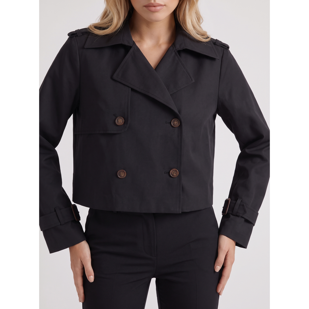 Trench Coat Short Cropped Double-Breasted Jacket Black - Image 6