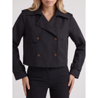 Trench Coat Short Cropped Double-Breasted Jacket Black - Image 6