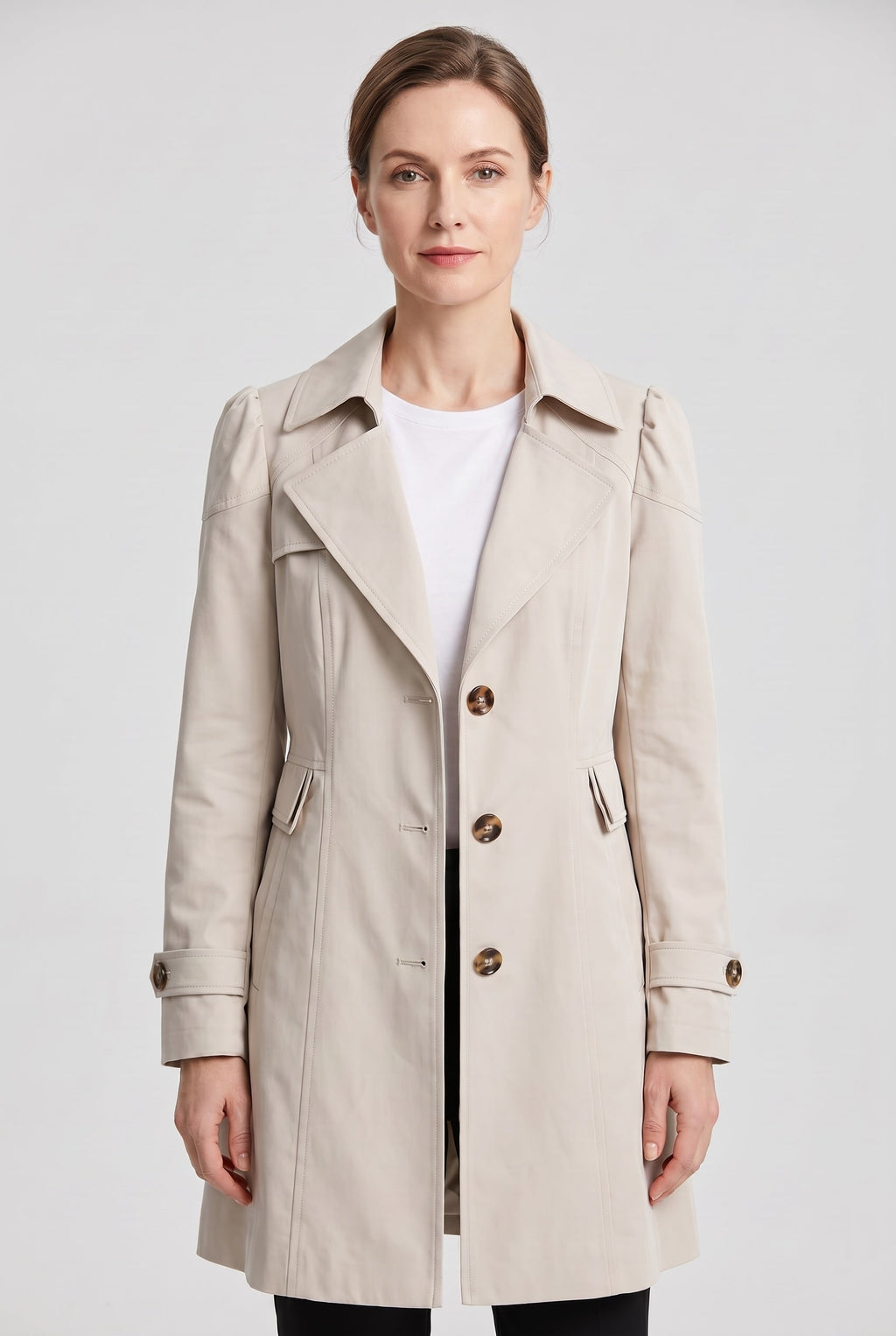 Trench Coat Women's Single Breasted Knee-Length With Button Front And Notch Lapel - Image 1