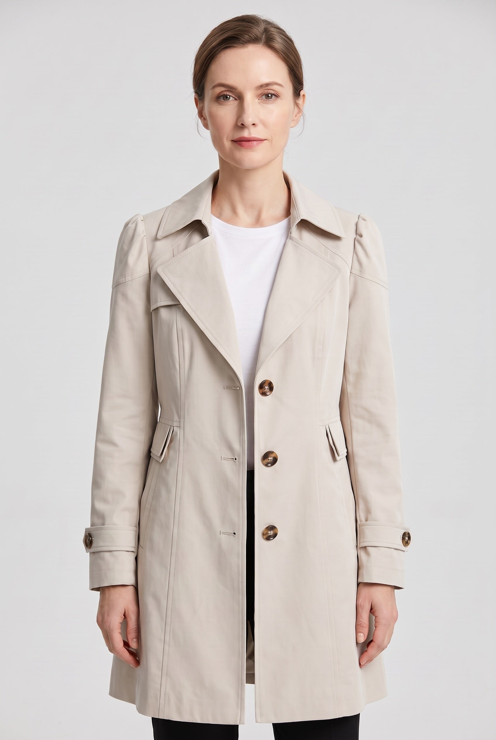 Trench Coat Women's Single Breasted Knee-Length With Button Front And Notch Lapel - Image 1