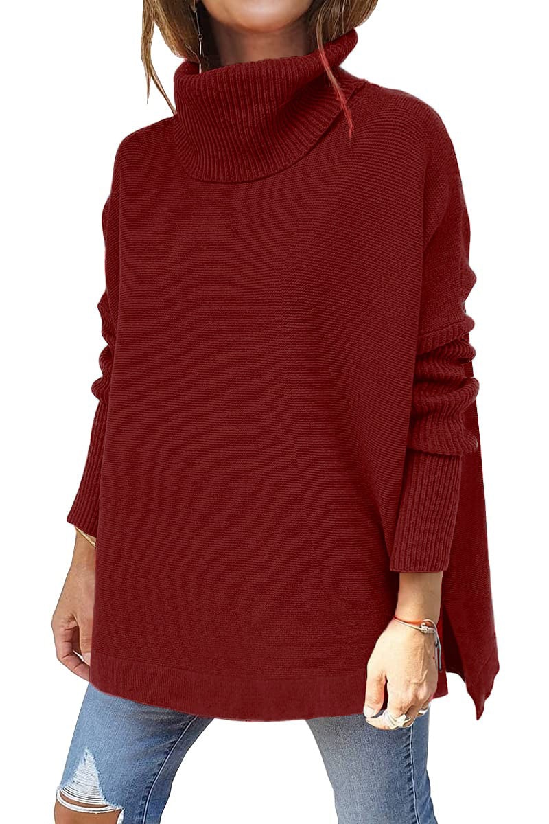 Tunic Sweater with Slit Hem Pullover and Batwing Sleeve - Image 3