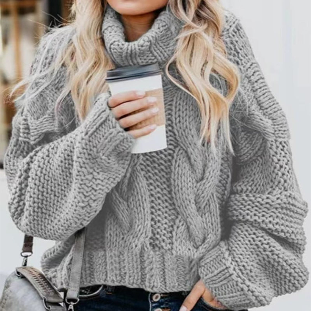 Turtleneck Sweater with Loose-Fitting Cable Knit and Long Sleeves - Image 1