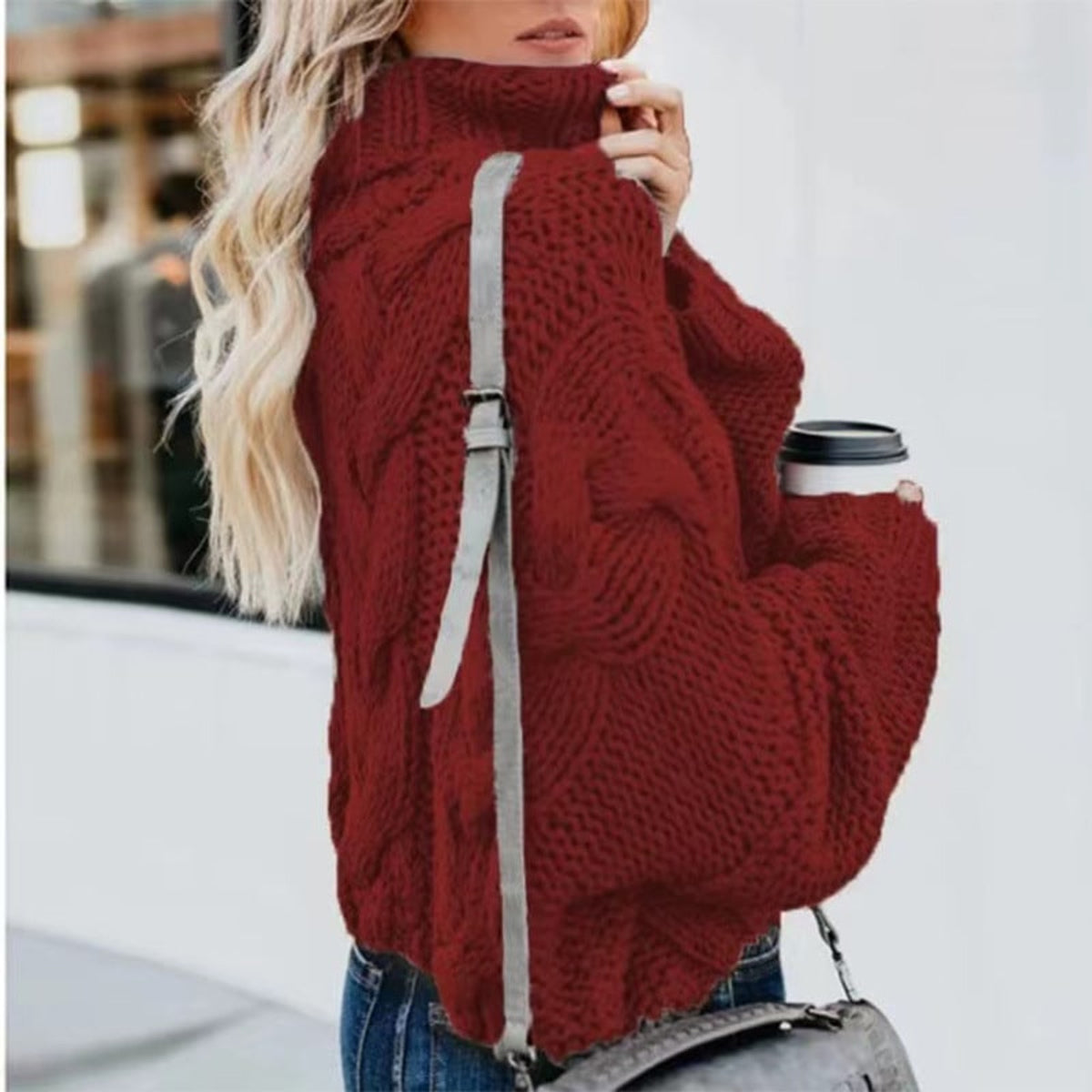 Turtleneck Sweater with Loose-Fitting Cable Knit and Long Sleeves - Image 11