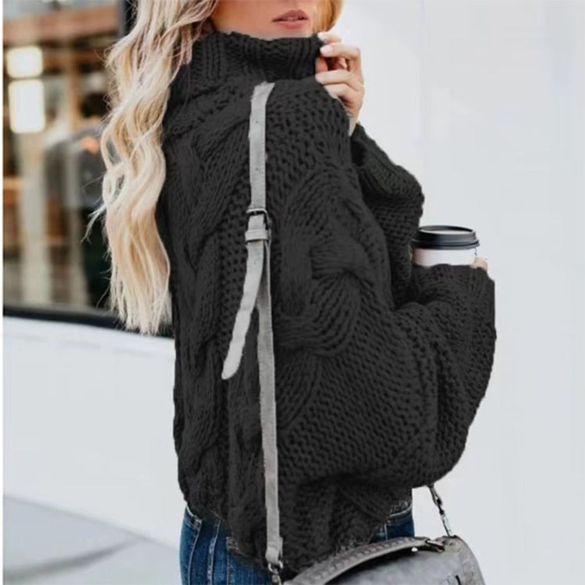Turtleneck Sweater with Loose-Fitting Cable Knit and Long Sleeves - Image 6