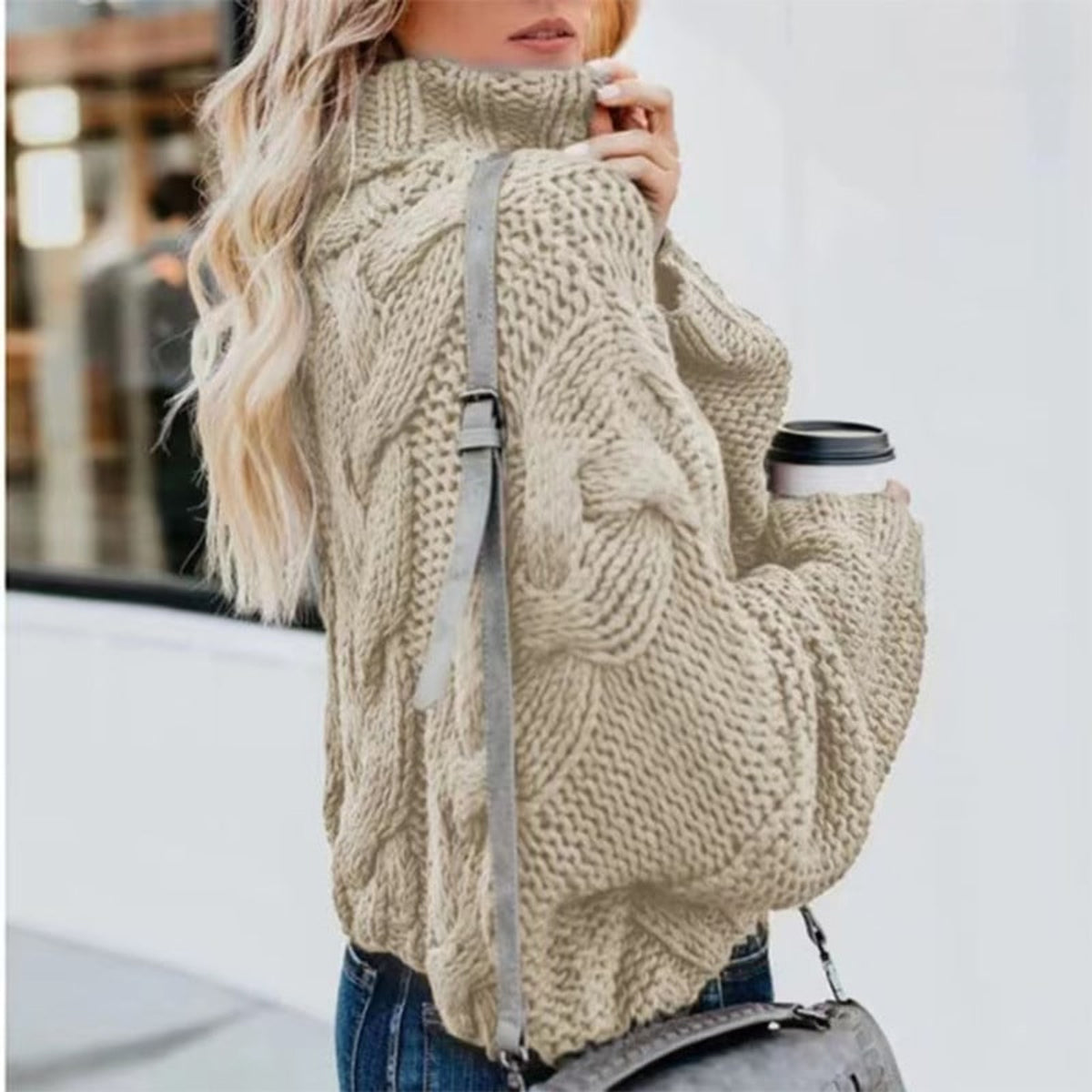Turtleneck Sweater with Loose-Fitting Cable Knit and Long Sleeves - Image 7