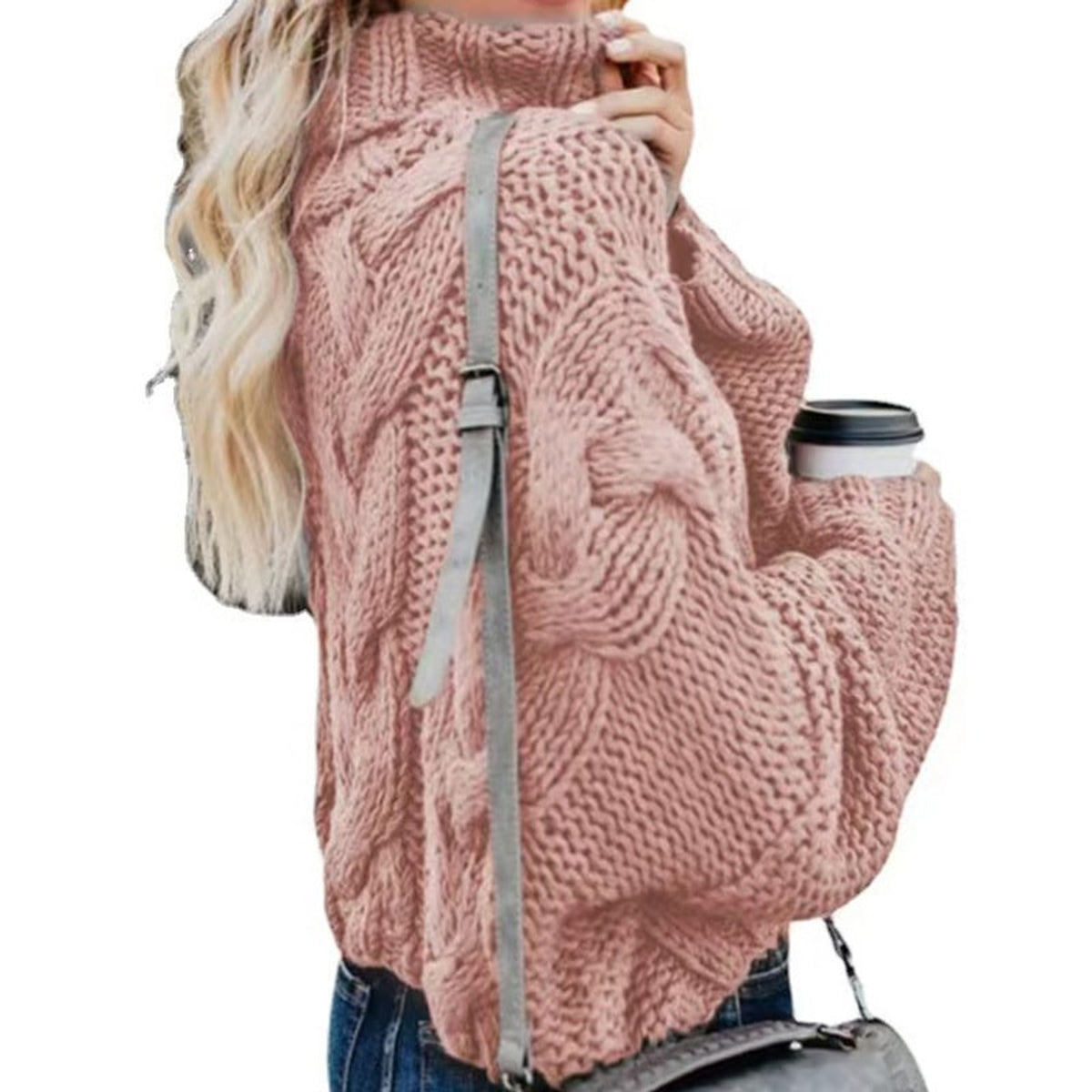 Turtleneck Sweater with Loose-Fitting Cable Knit and Long Sleeves - Image 4