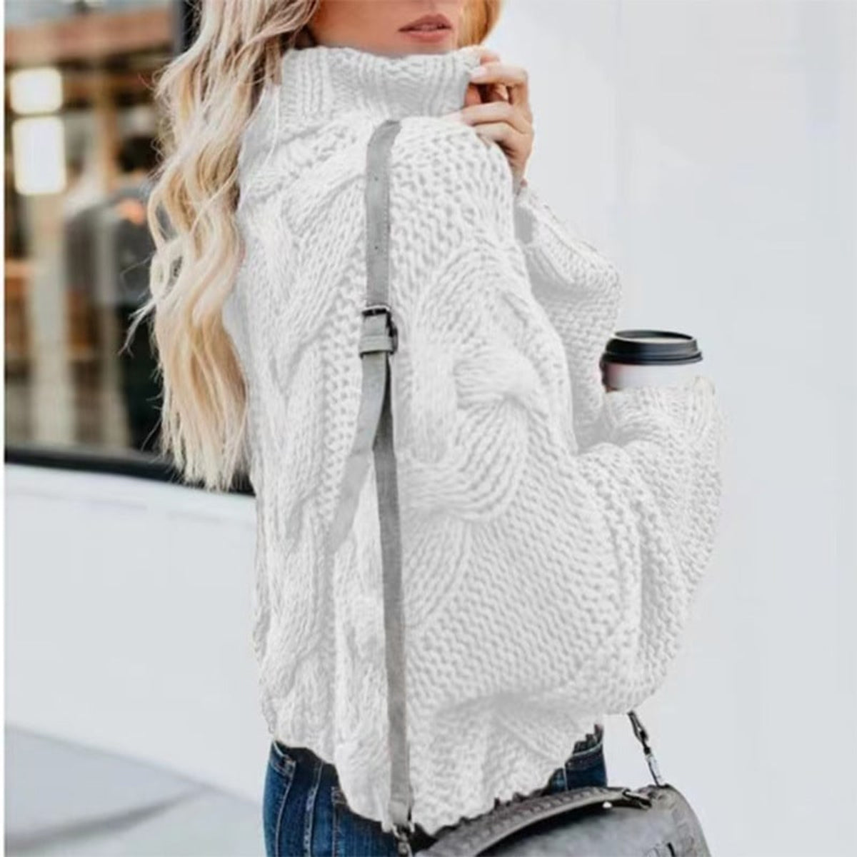 Turtleneck Sweater with Loose-Fitting Cable Knit and Long Sleeves - Image 5