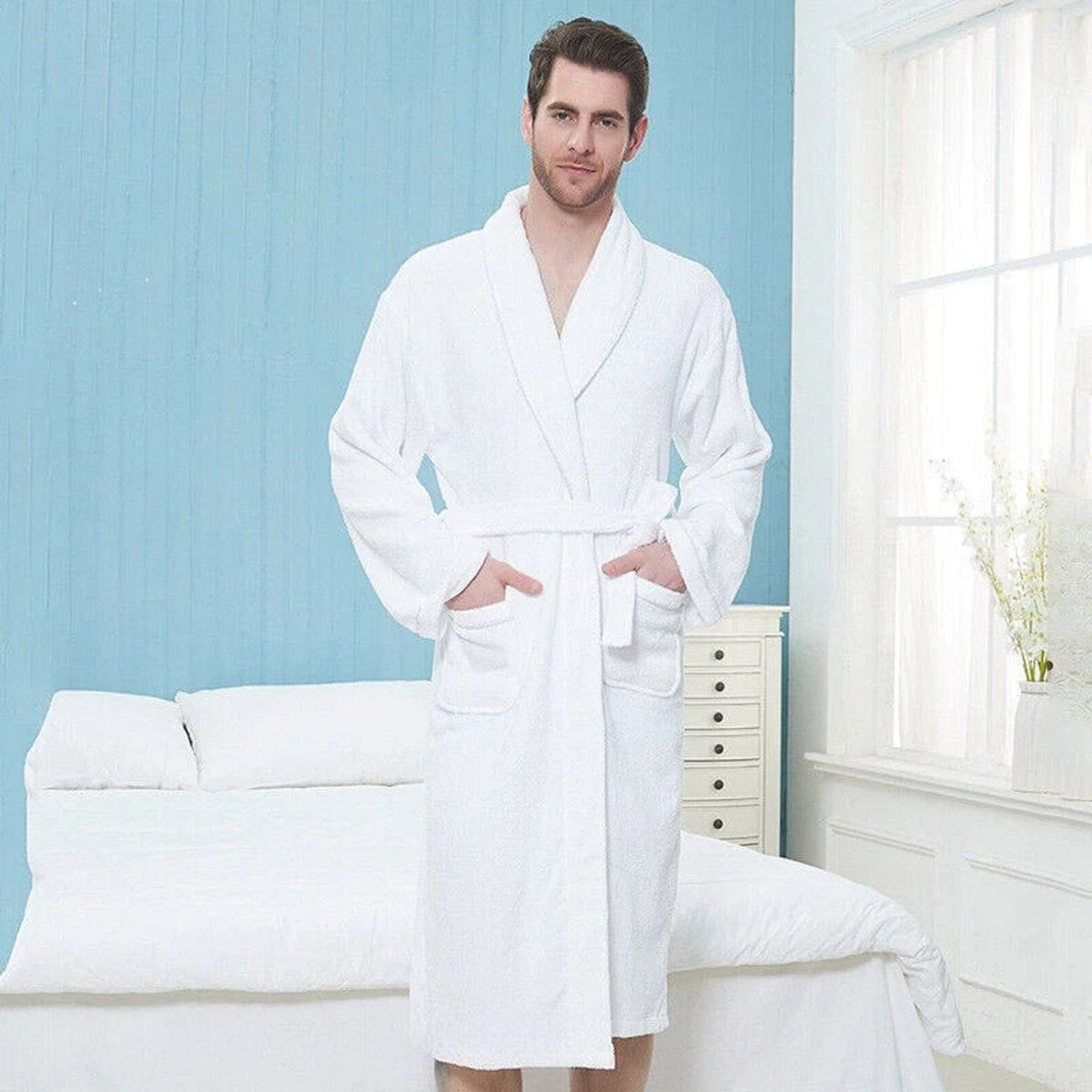 Unisex Egyptian Cotton Terry Towelling Bath Robe Soft Dressing Gown - Image 5