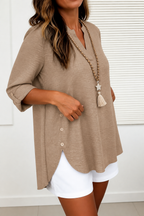 V Neck Top with Relaxed Fit and Side Buttons - Image 1