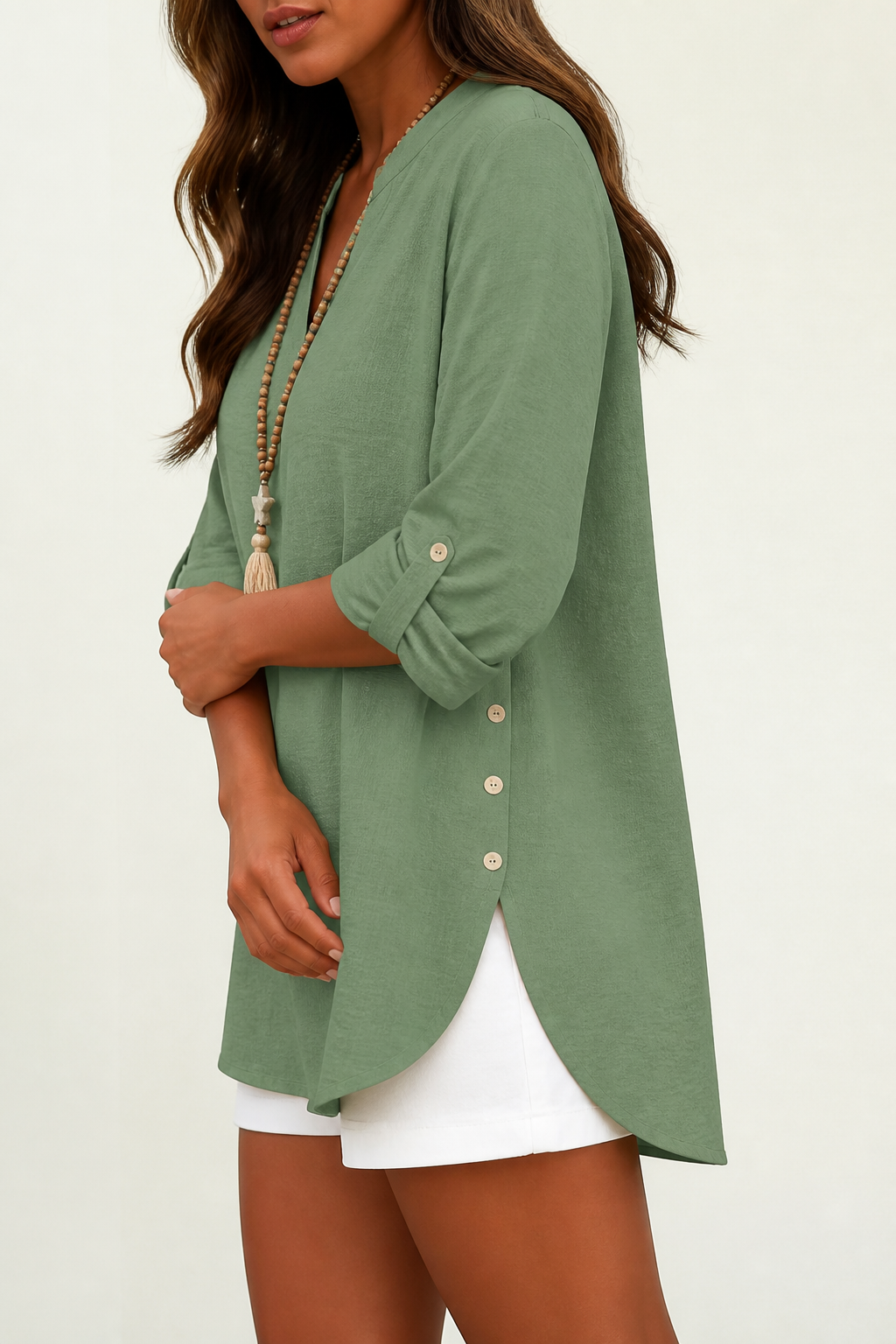 V Neck Top with Relaxed Fit and Side Buttons - Image 4