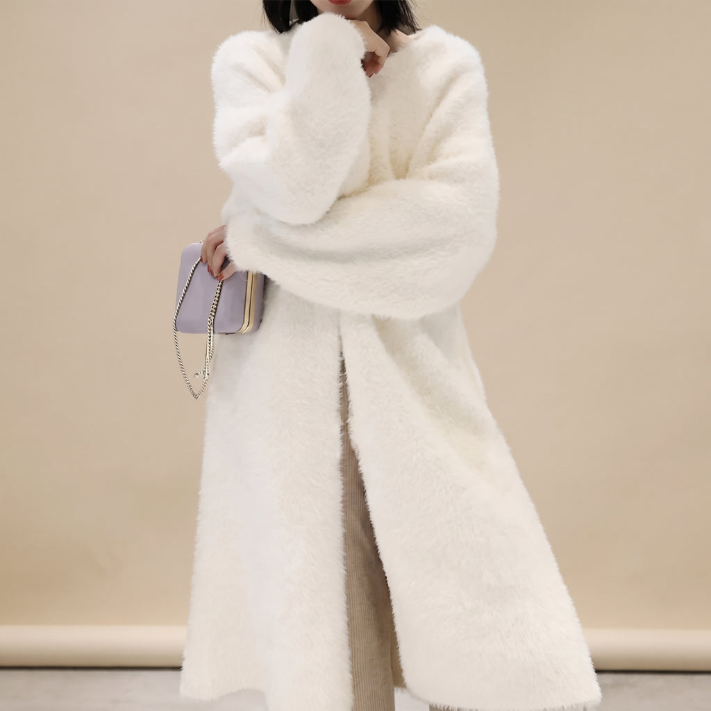 Long Knit Cardigan Floor-Length Sleeves Off-White Faux Fur Style - variant