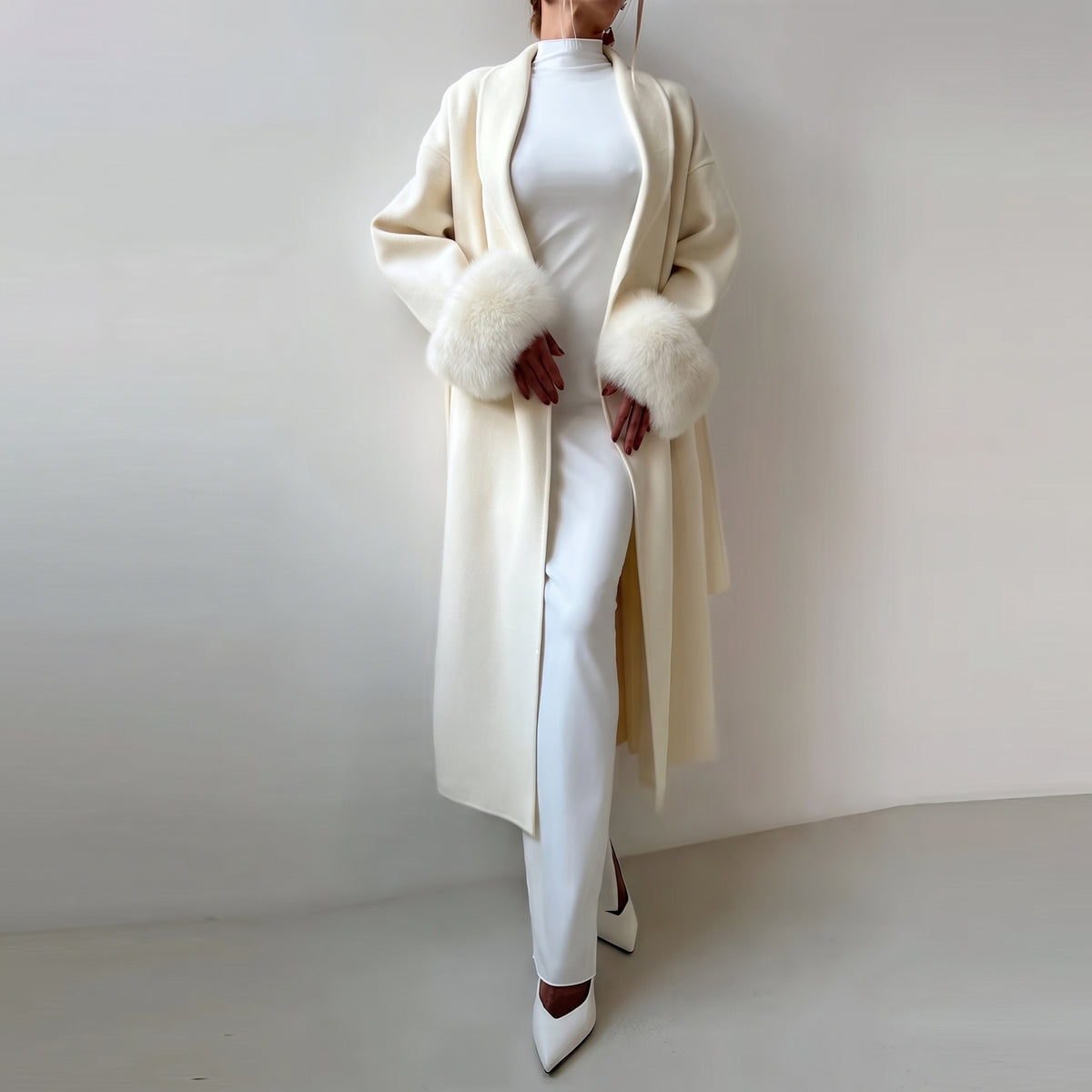 Longline Coat with Flattering Relaxed Fit and Cuffs - Apricot