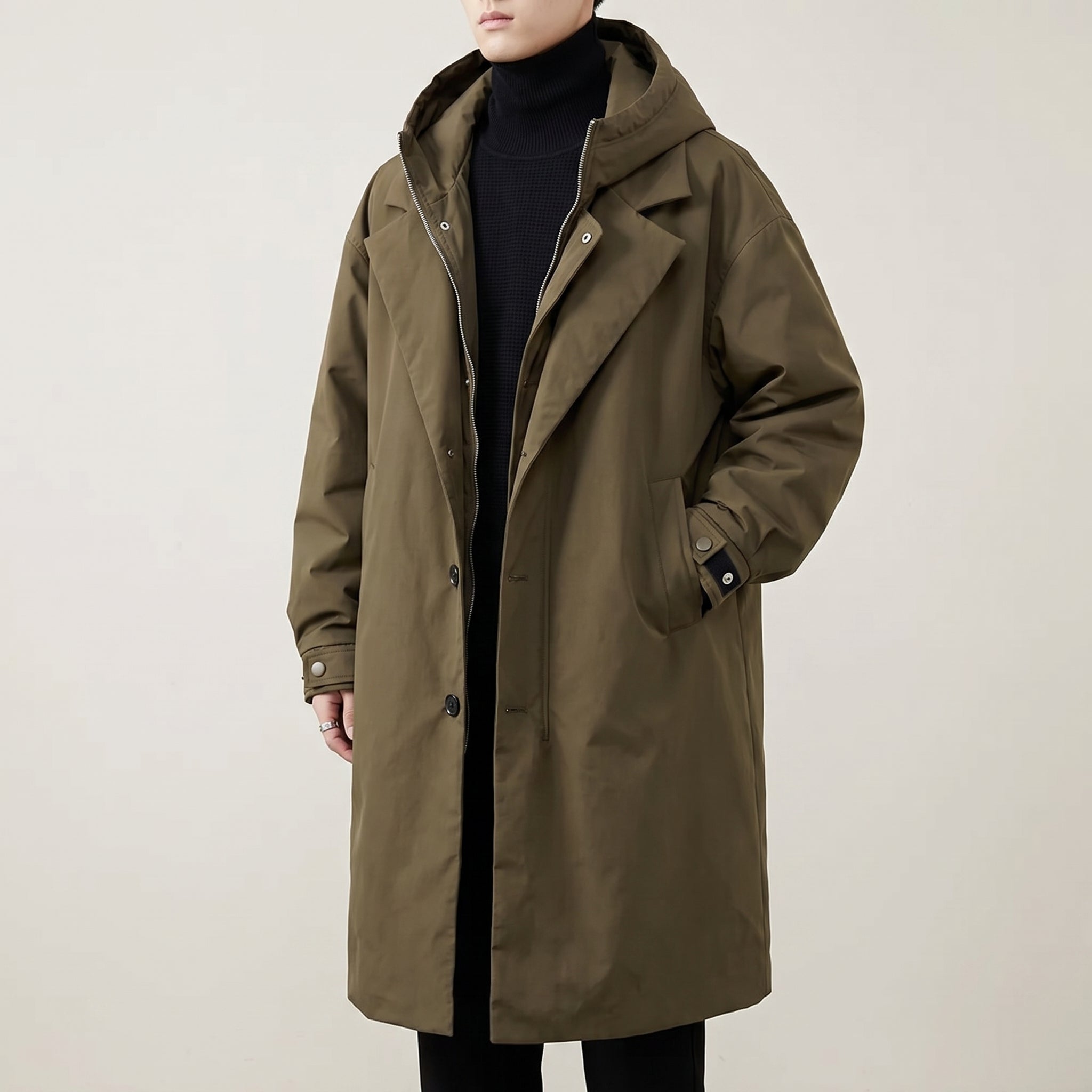 Trench Coat Men Full Length With Hood - Army Green