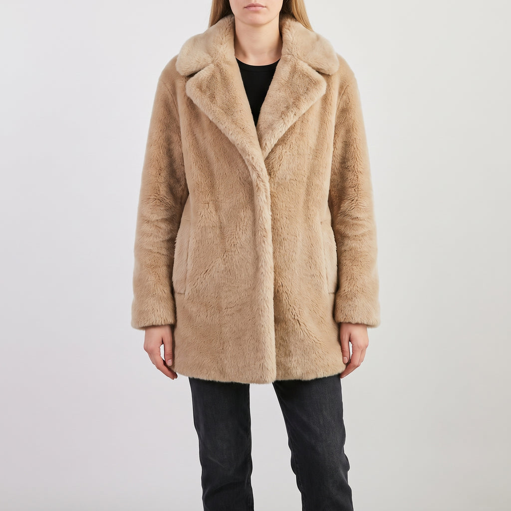 Faux Fur Jacket with Relaxed Oversized Coat and Wide Collar - Beige Grey