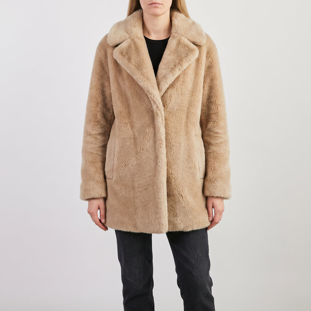 Faux Fur Jacket with Relaxed Oversized Coat and Wide Collar - Beige Grey