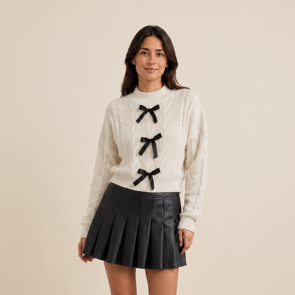 Women's Cable Knit Sweater Long Sleeve Pullover With Bow Details - Beige