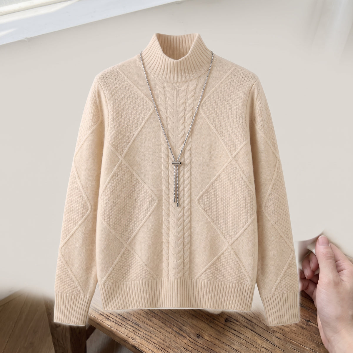 Cable Knit Turtleneck Sweater with Sculpting Fitted Silhouette and Cable-Knit Pattern - Beige