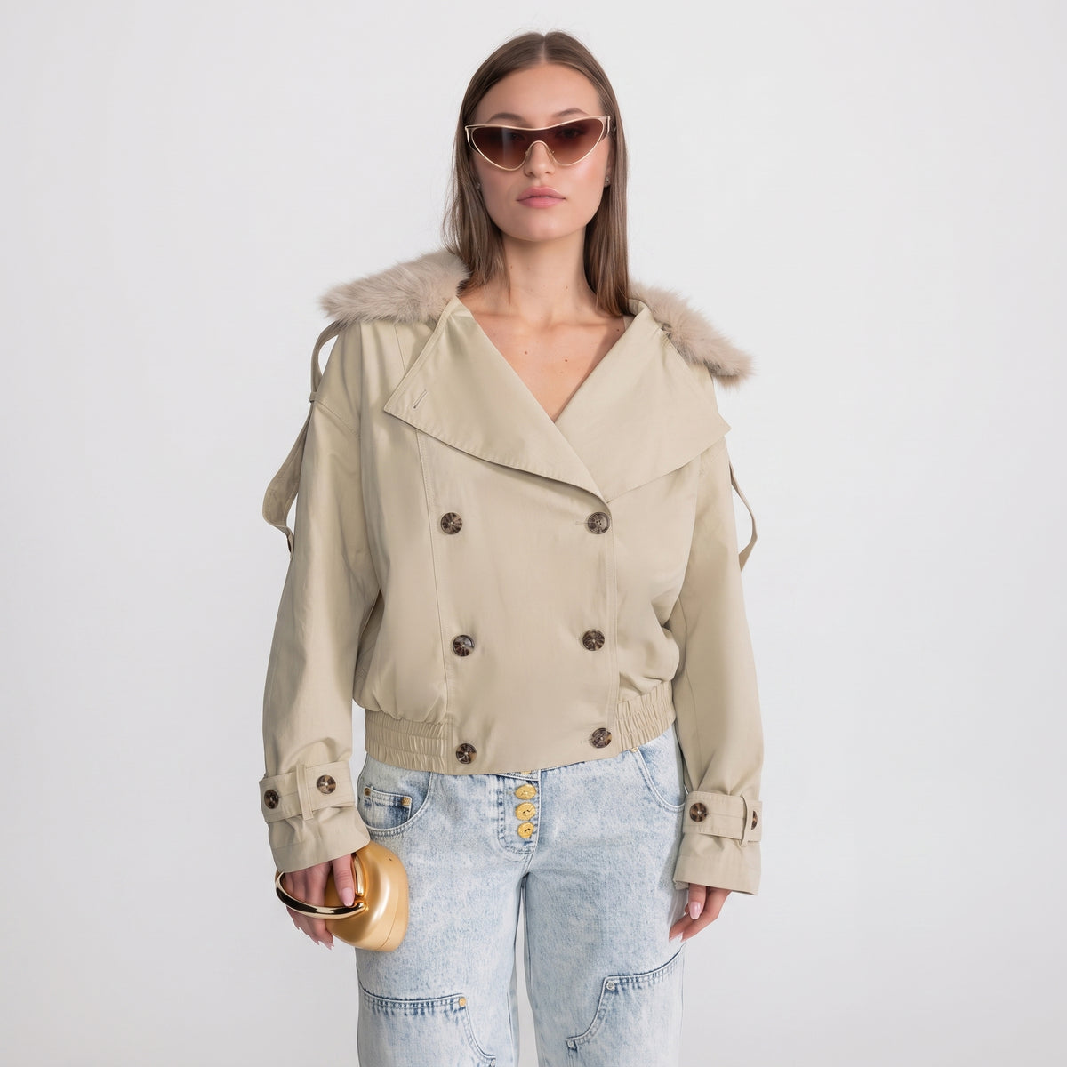 Cropped Trench Coat Double Breasted With Collar - Beige