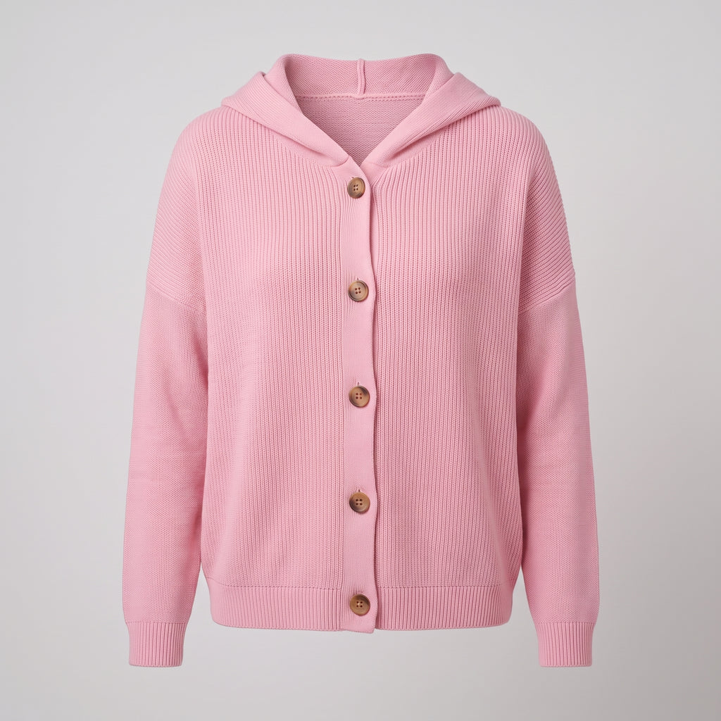 Hooded Cardigan Long Sleeve Ribbed Knit Front Buttons Relaxed Fit - Beige