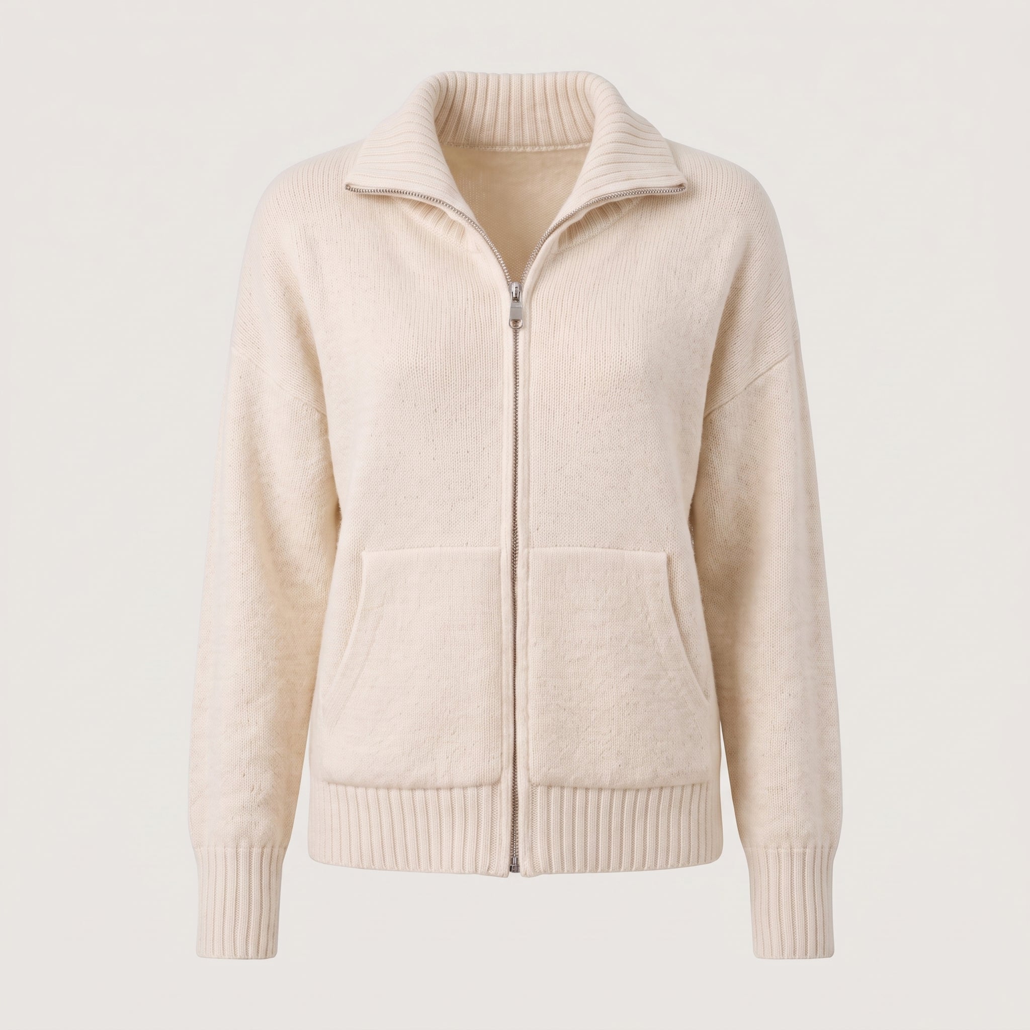 Women's Zip Cardigan Knitted With Funnel Neck Full-Zip Front Pockets - Beige