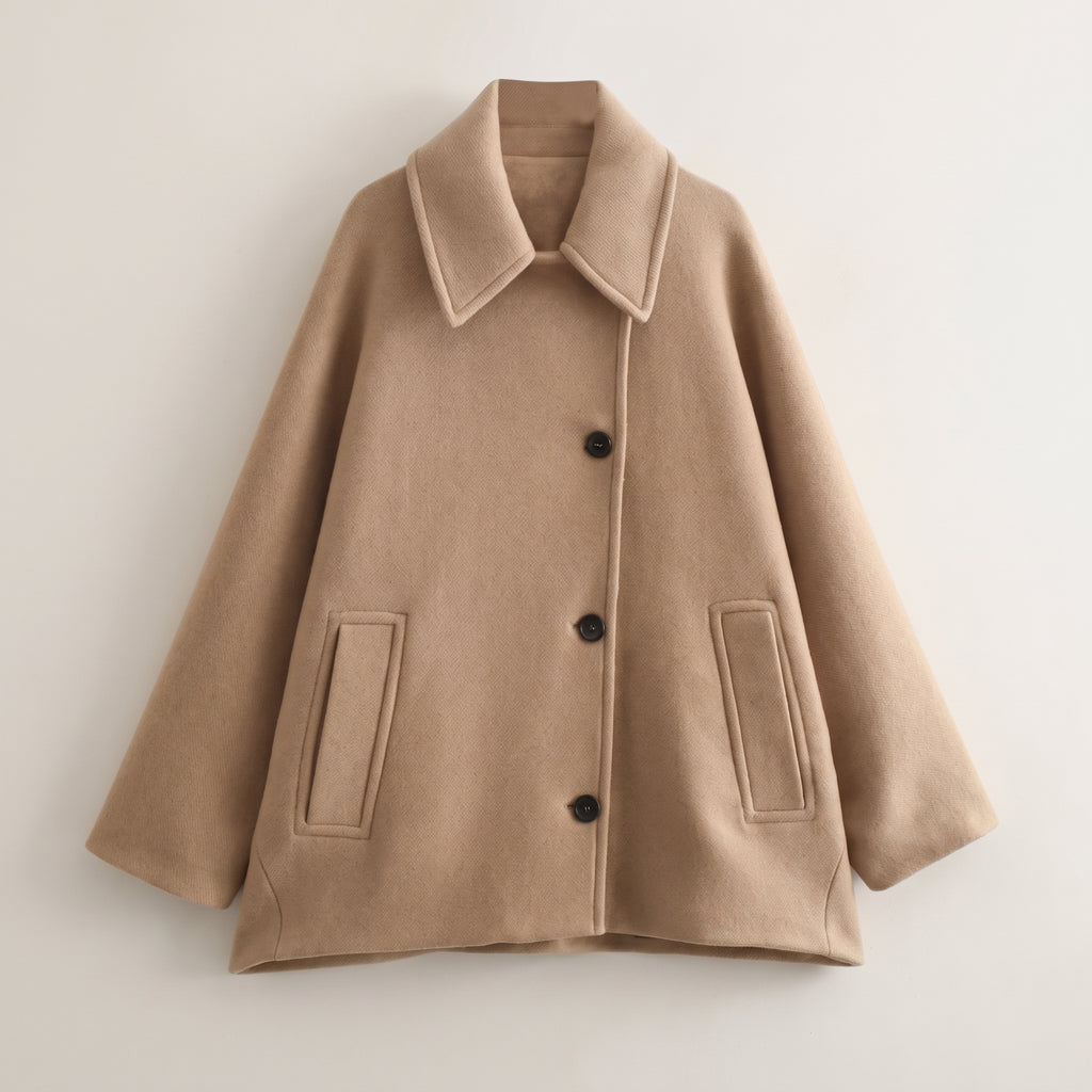 Button Front Jacket with Relaxed Oversized Coat and Patch Pockets - Beige