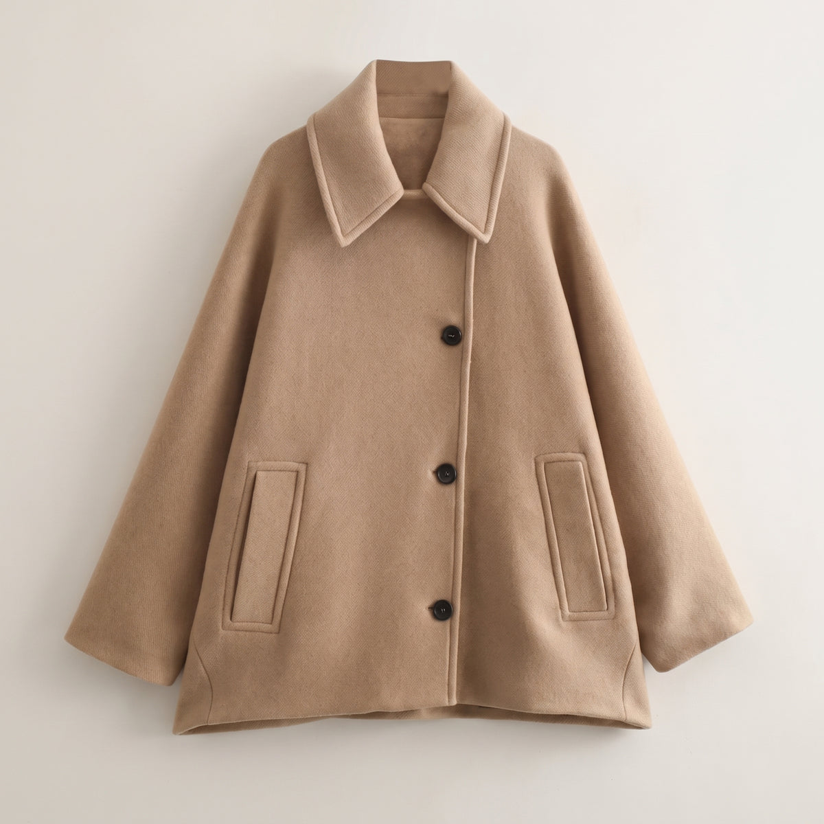 Button Front Jacket with Relaxed Oversized Coat and Patch Pockets - Beige