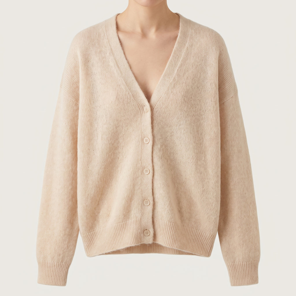 Women's Knit Cardigan with Relaxed Button-Front and Long-Sleeve - Beige