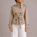 Cropped Trench Coat Double-Breasted High Collar Tie Belt - Beige
