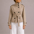 Cropped Trench Coat Double-Breasted High Collar Tie Belt - Beige