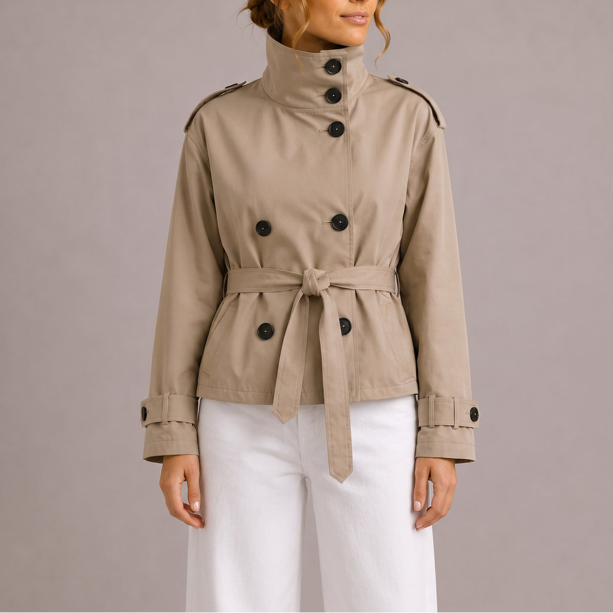 Cropped Trench Coat Double-Breasted High Collar Tie Belt - Beige