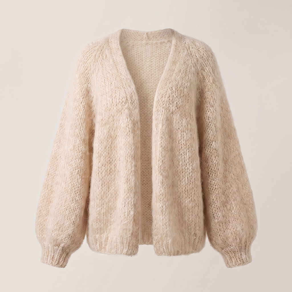 Women's Cardigan Open-Front Loose-Knit Long-Sleeved Fluffy Knit Sweater - Beige