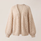 Women's Cardigan Open-Front Loose-Knit Long-Sleeved Fluffy Knit Sweater - Beige