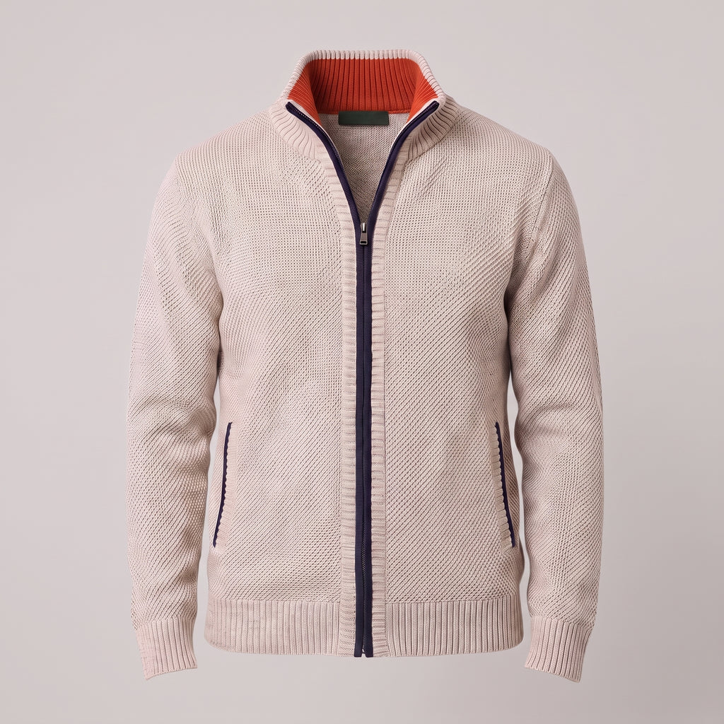 Men's Zip Up Sweater with Supportive Fitted Silhouette and Zip-Front - Beige