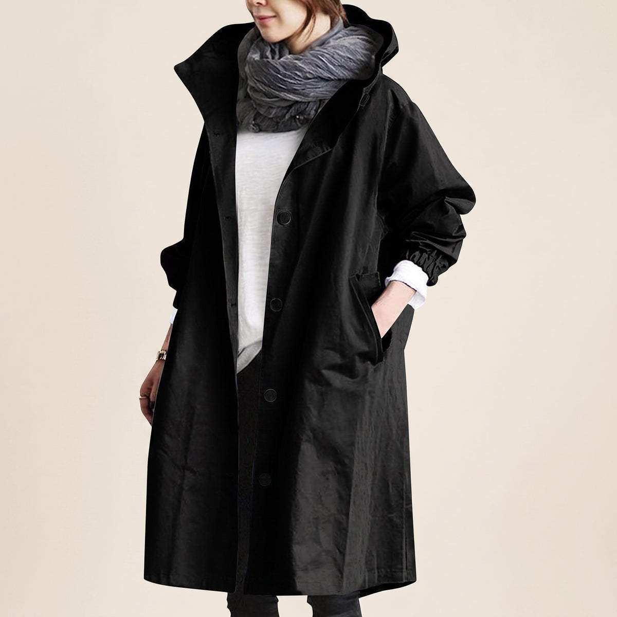 Women's Hooded Trench Coat Long Button-Front - Black