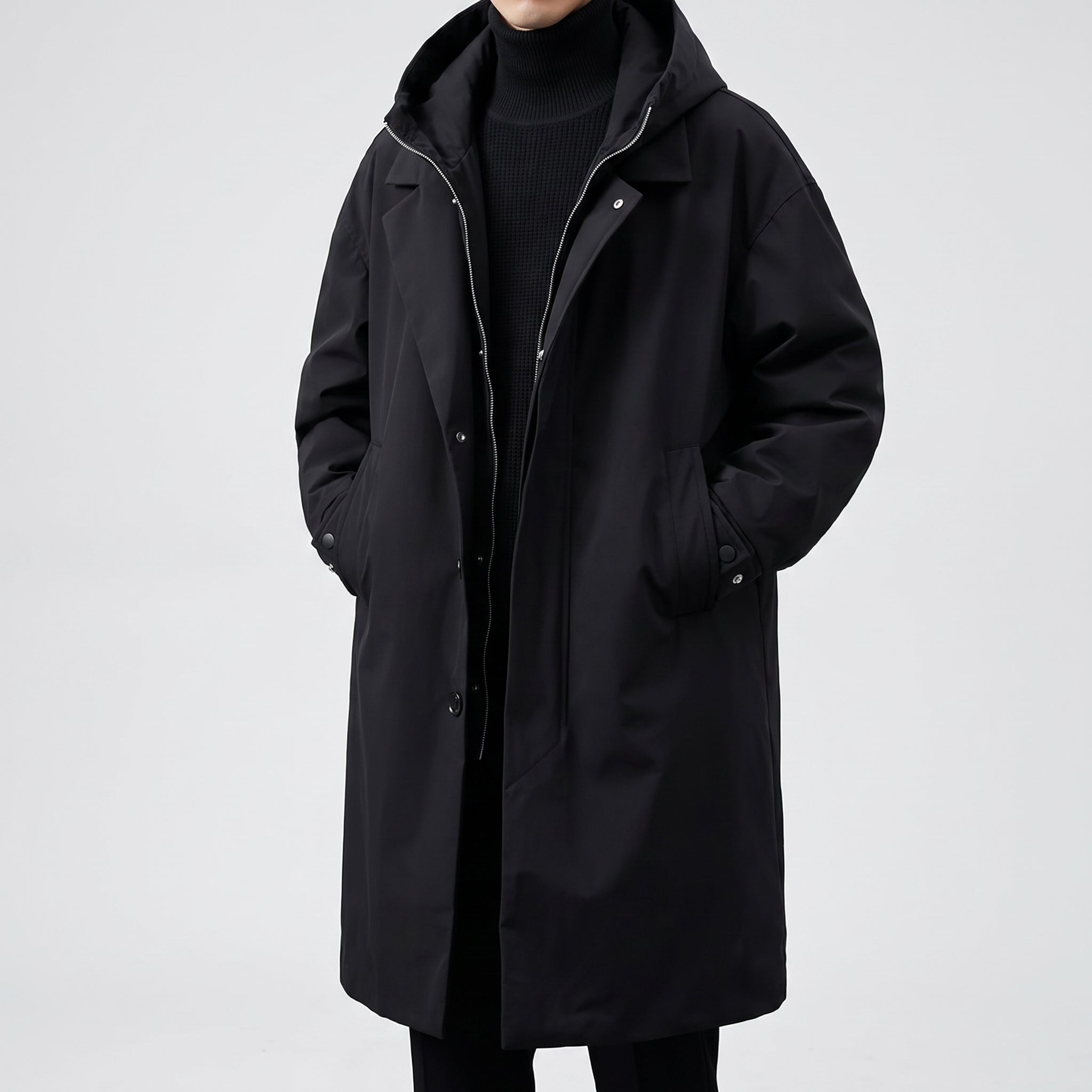 Trench Coat Men Full Length With Hood - Black