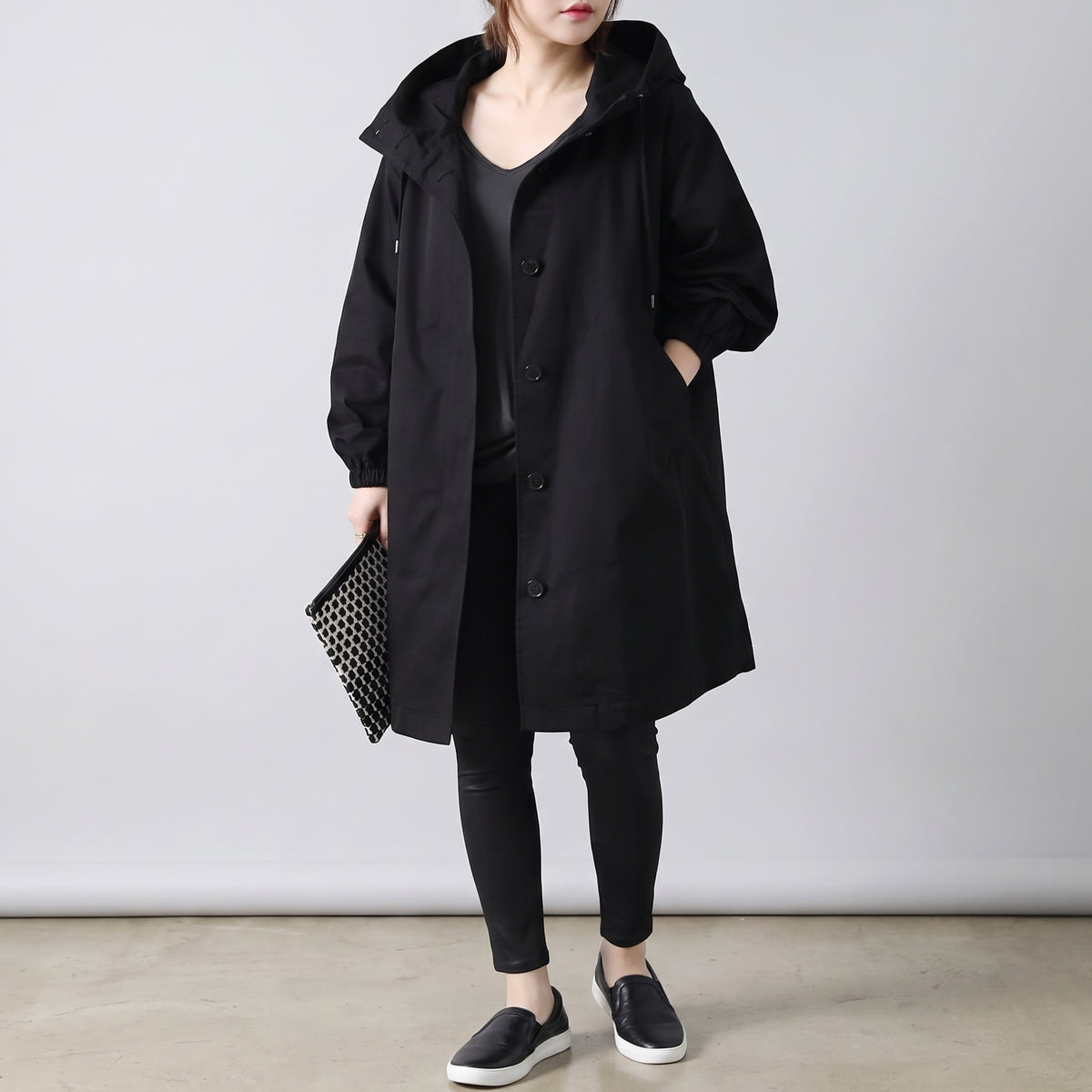 Women's Hooded Trench Coat Single-Breasted Knee-Length Pockets - Black