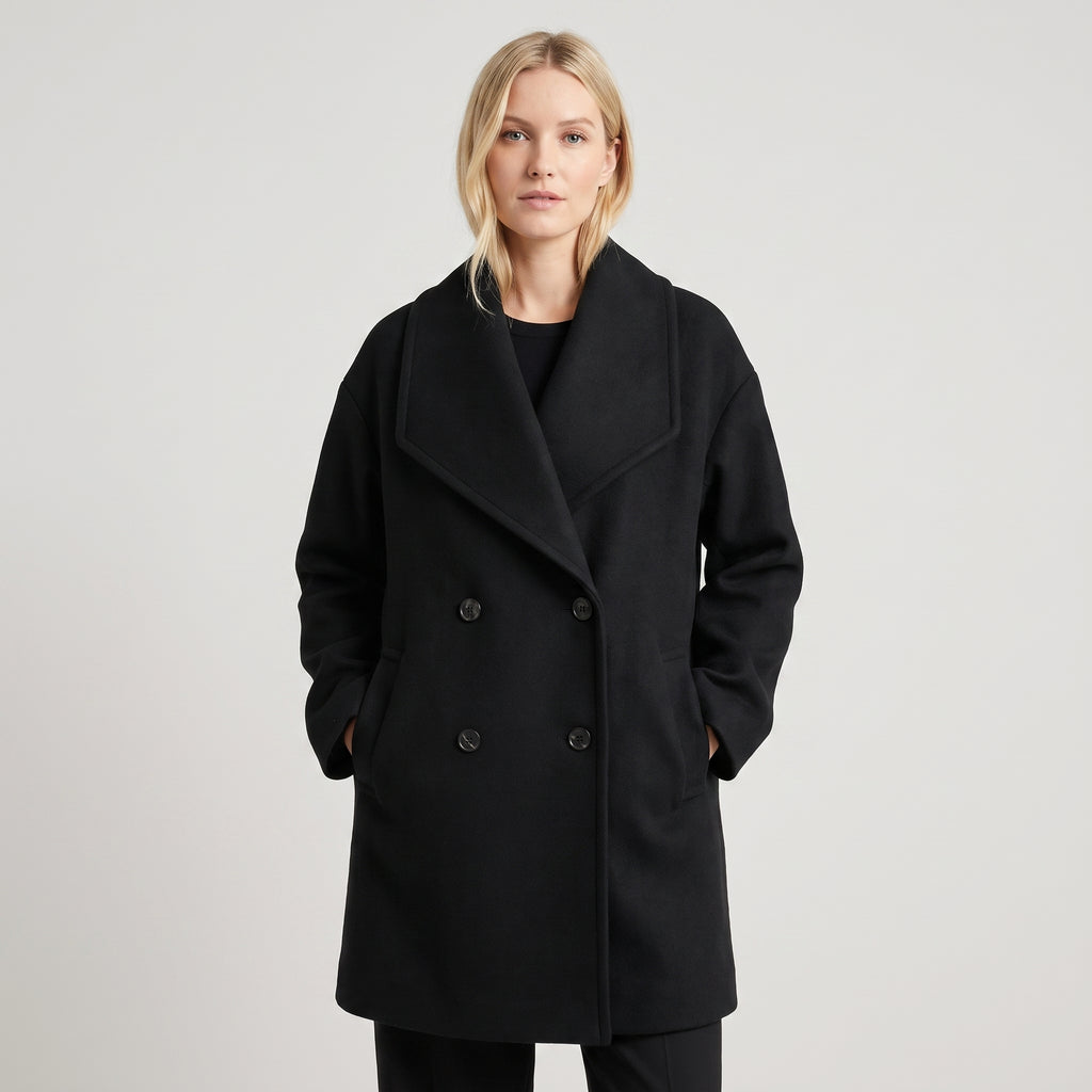 Double-Breasted Cropped Coat With Wide Lapel - Black