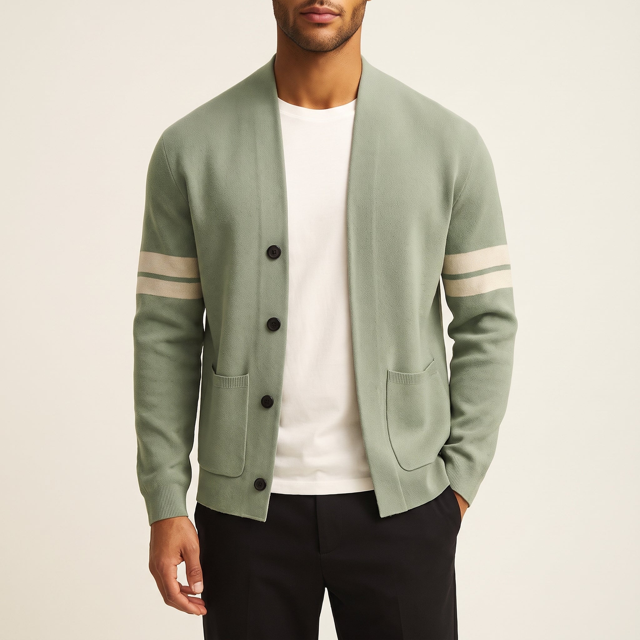 Men's Cardigan Button Up Sweater With Pockets And Striped Sleeves - Black