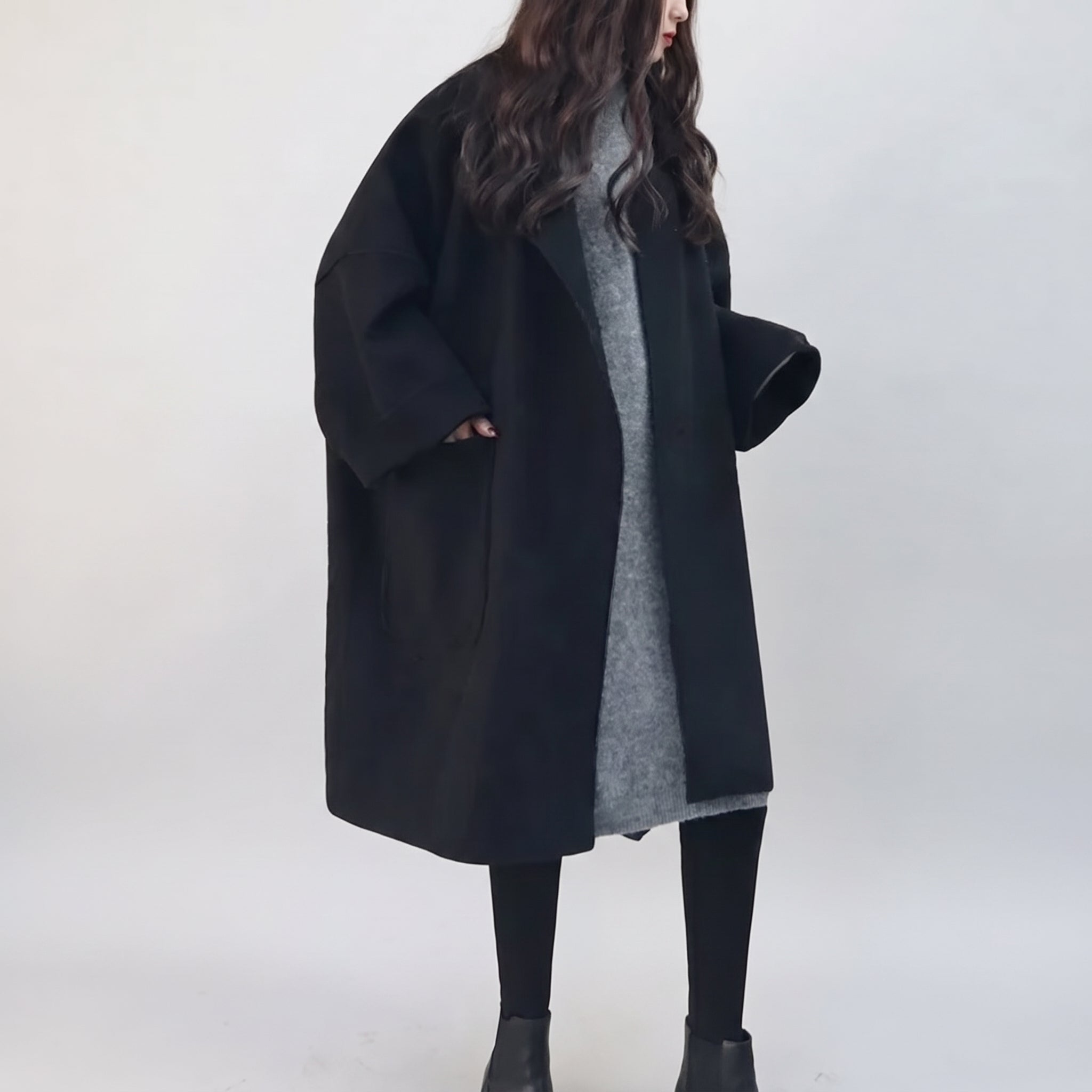 Trench Coat with Relaxed Long and Wide Lapel - Black