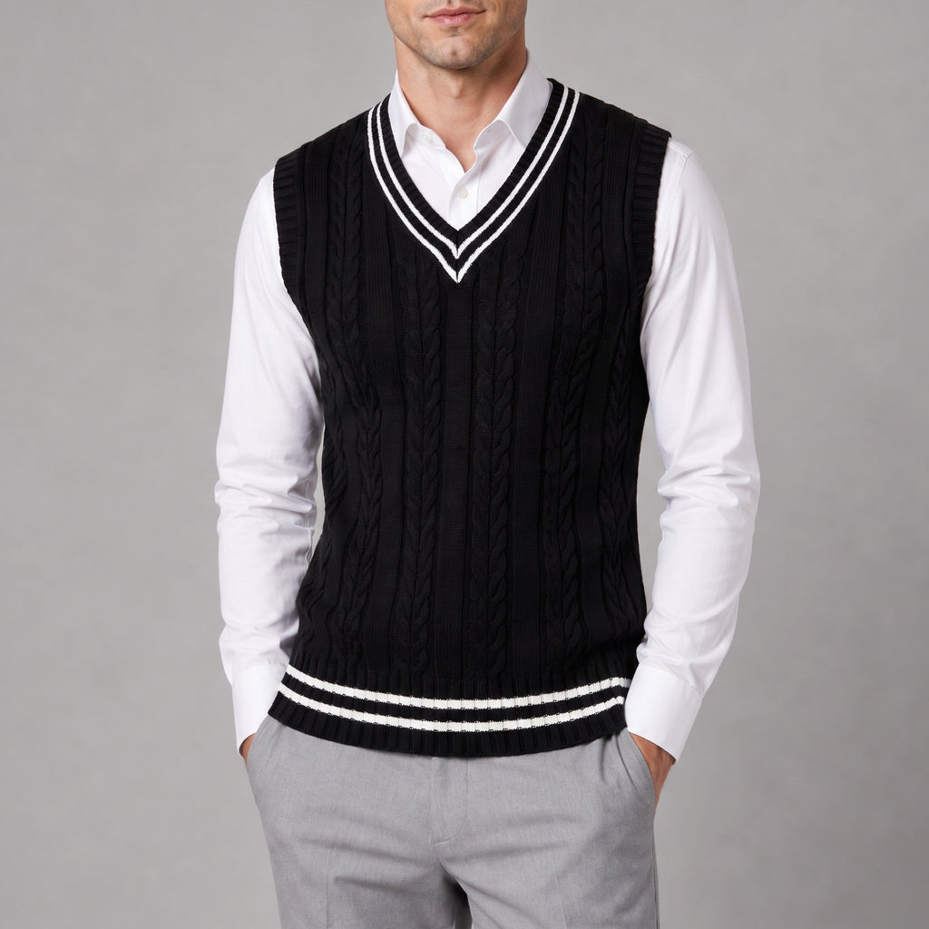 Sweater Vest Cable Knit V-Neck Sleeveless Classic Pullover Design - Black