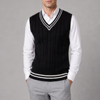Sweater Vest Cable Knit V-Neck Sleeveless Classic Pullover Design - Black