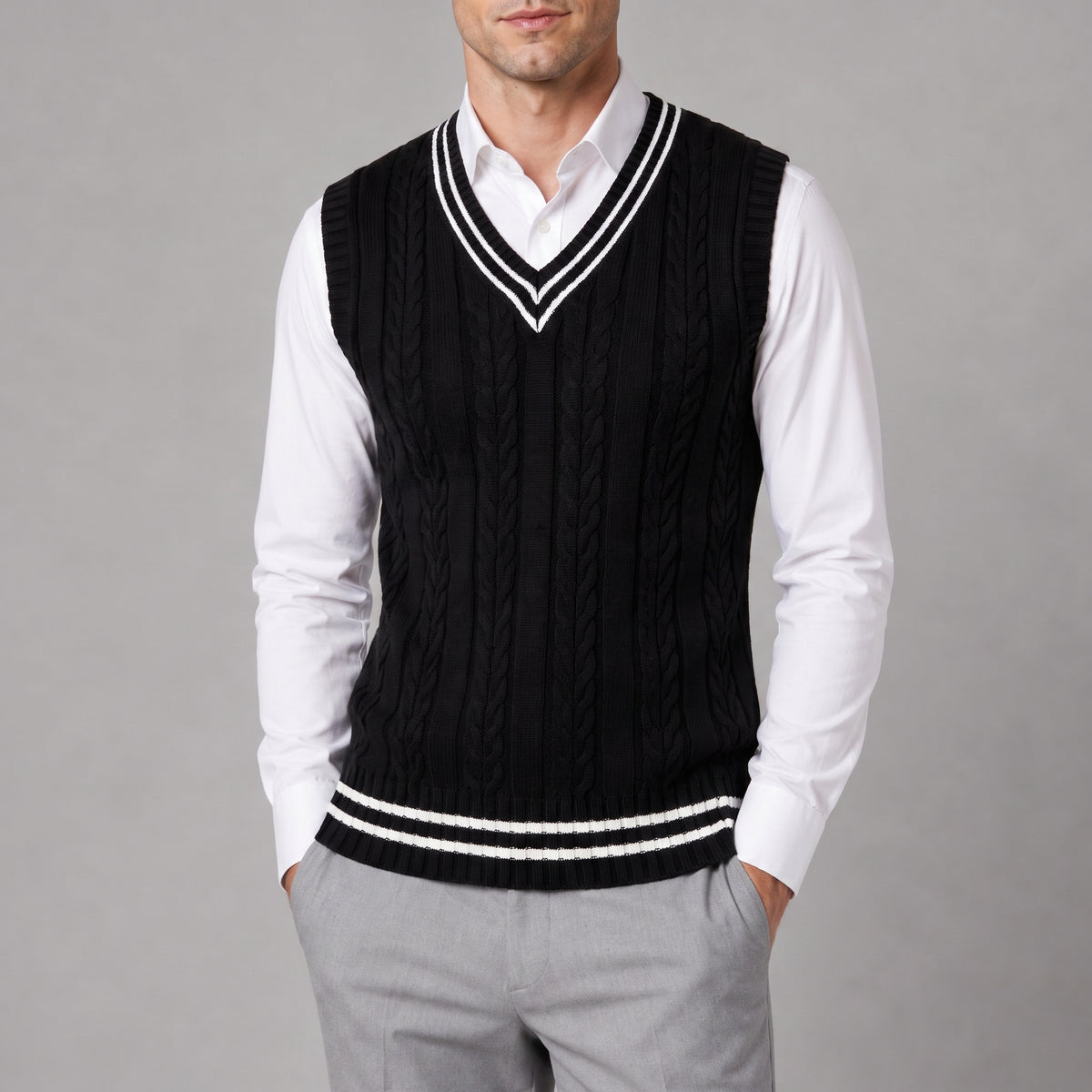 Sweater Vest Cable Knit V-Neck Sleeveless Classic Pullover Design - Black